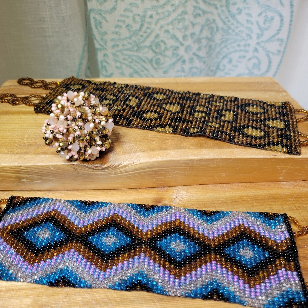 2 Bracelets & 1 Ring Seed Bead Jewelry Lot Handmade Fashion Jewelry Glass Beads